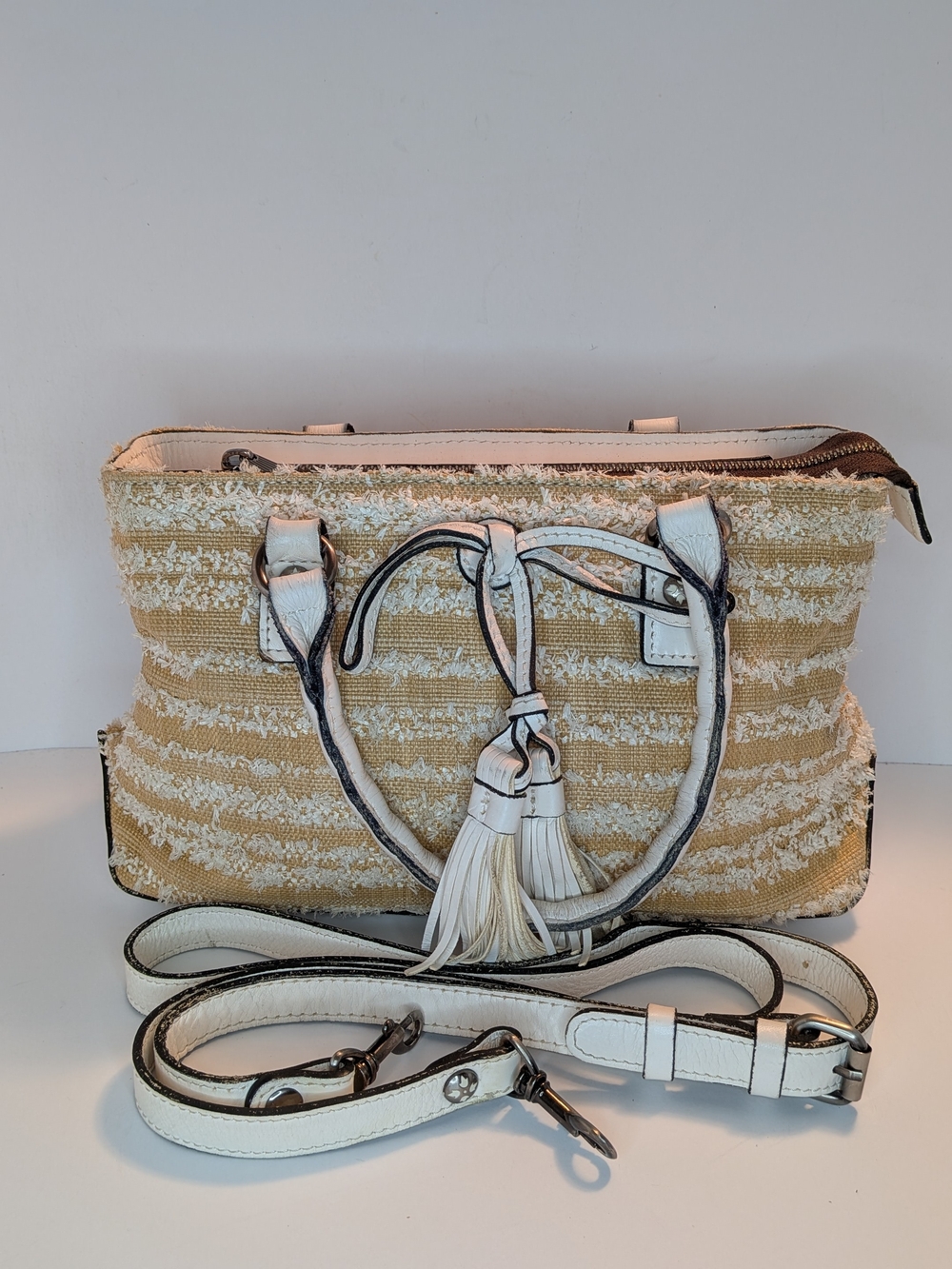 Patricia Nash Angela Ebbe Woven Straw Handbag\Crossbody Suede Lining Khaki
